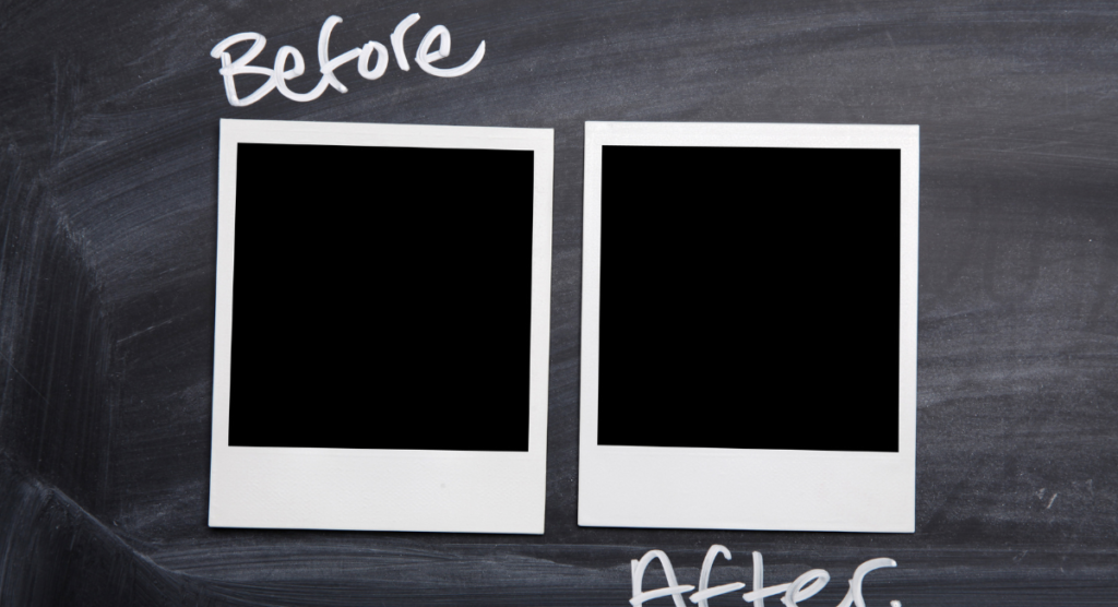 Two blank “before and after” frames symbolizing how SaaS products feel invisible when the real transformation isn’t defined, shown, or communicated to users.