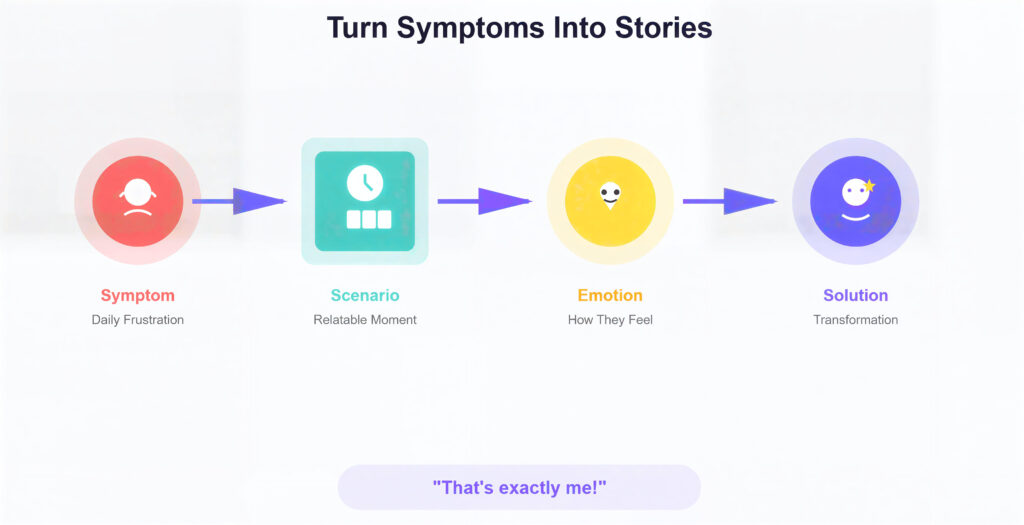 Diagram showing how symptoms lead to scenarios, emotions, and solutions to reveal a user’s story they instantly recognize.