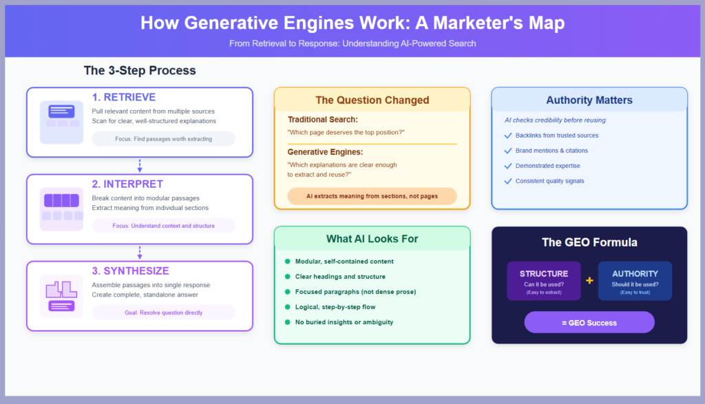 Diagram showing how generative engines retrieve, interpret, and synthesize content, highlighting structure, authority, and GEO success factors.