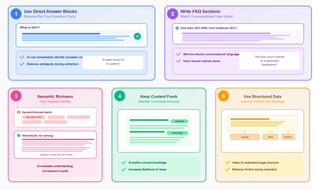 Visual overview of GEO tactics, showing direct answers, FAQs, semantic depth, fresh content, and structured data for AI citation.