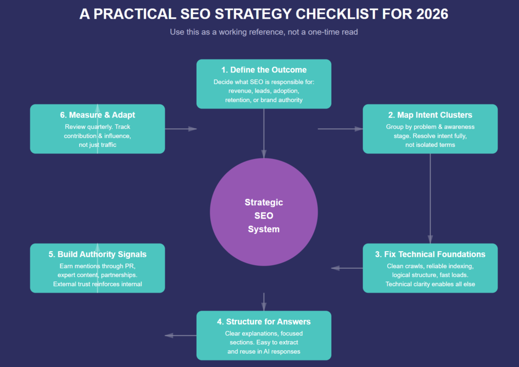 SEO checklist diagram for 2026 showing outcomes, intent clusters, technical fixes, authority signals, and measurement in a strategic system.