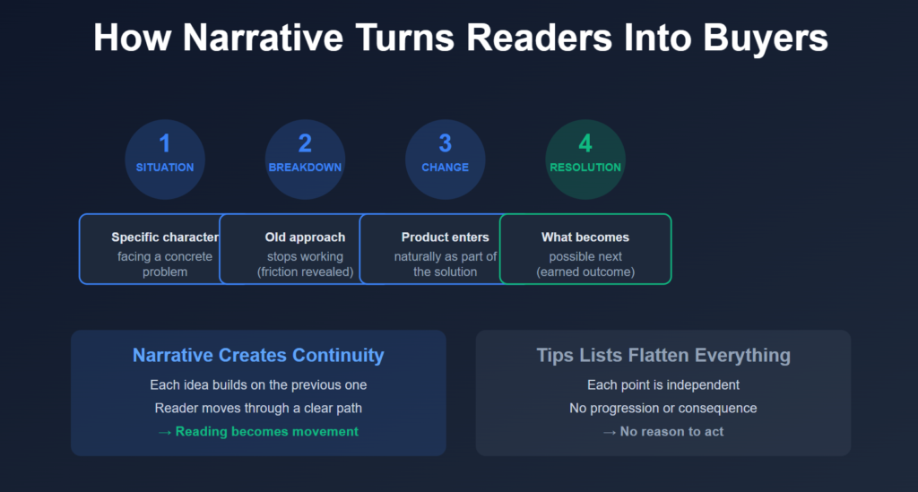 Flow diagram showing how narrative moves readers from problem to resolution, turning reading into a clear path toward buying.