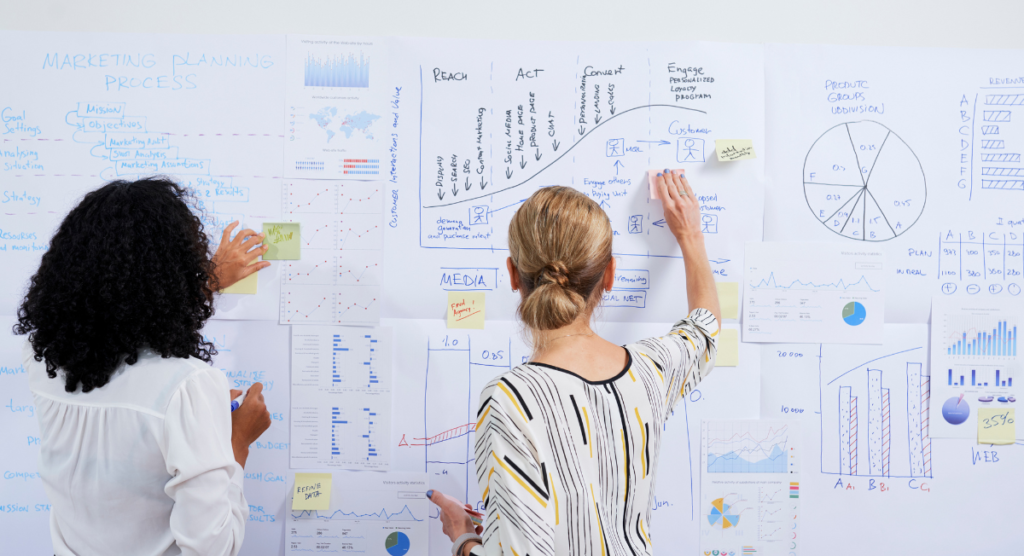 Two team members map data and charts on a wall, showing how the right SaaS metrics reveal and validate a product story that makes value visible.