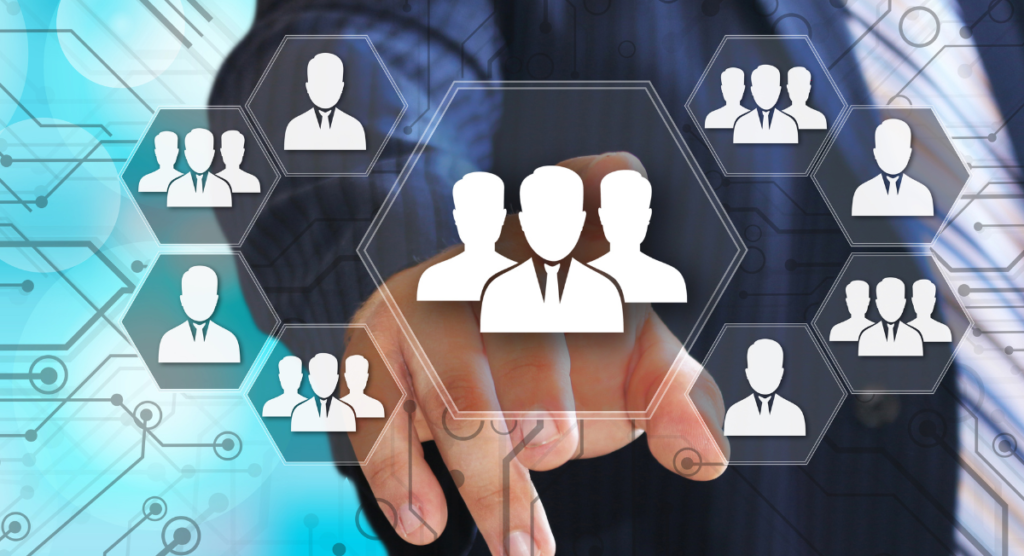 A hand selects a user group icon from a digital interface, symbolizing how clearer product-led stories guide more customers beyond 30 percent adoption into power-user status.