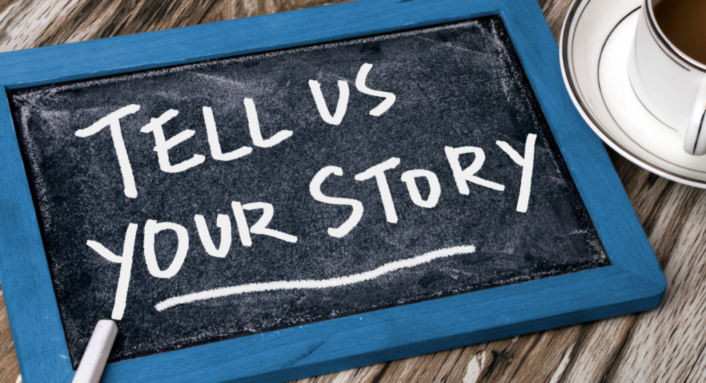 A chalkboard reads “Tell us your story,” highlighting how a clear product narrative must come before scaling growth in SaaS.