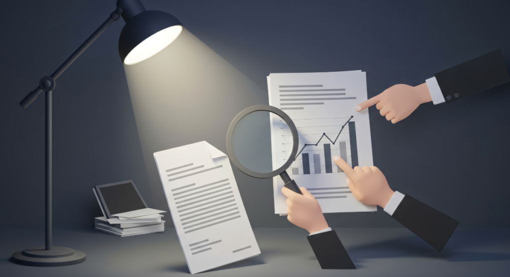 Hands analyzing charts under a spotlight with a magnifying glass, highlighting email strategy as a lever for user growth.