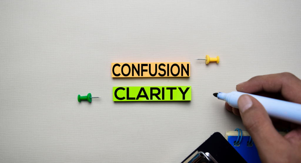 Confusion and clarity labels side by side, highlighting how clearer product stories reduce acquisition costs more effectively than creative tweaks.