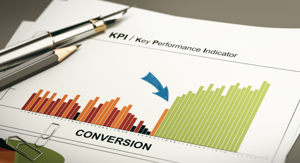 A KPI report showing low and high conversion bars, illustrating how homepage confusion silently reduces conversions.