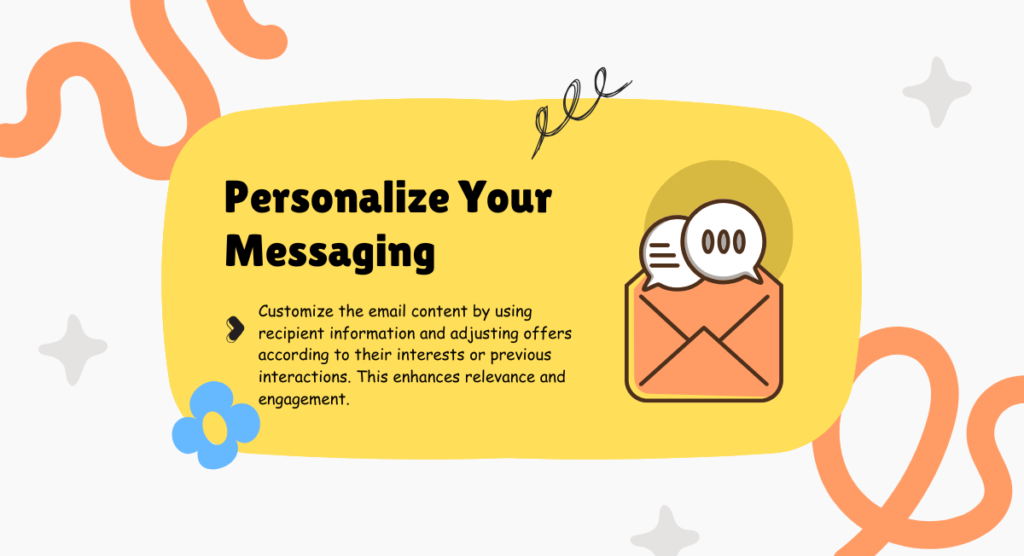 Illustration showing an email icon with message bubbles and text about personalizing email content to increase relevance and engagement.