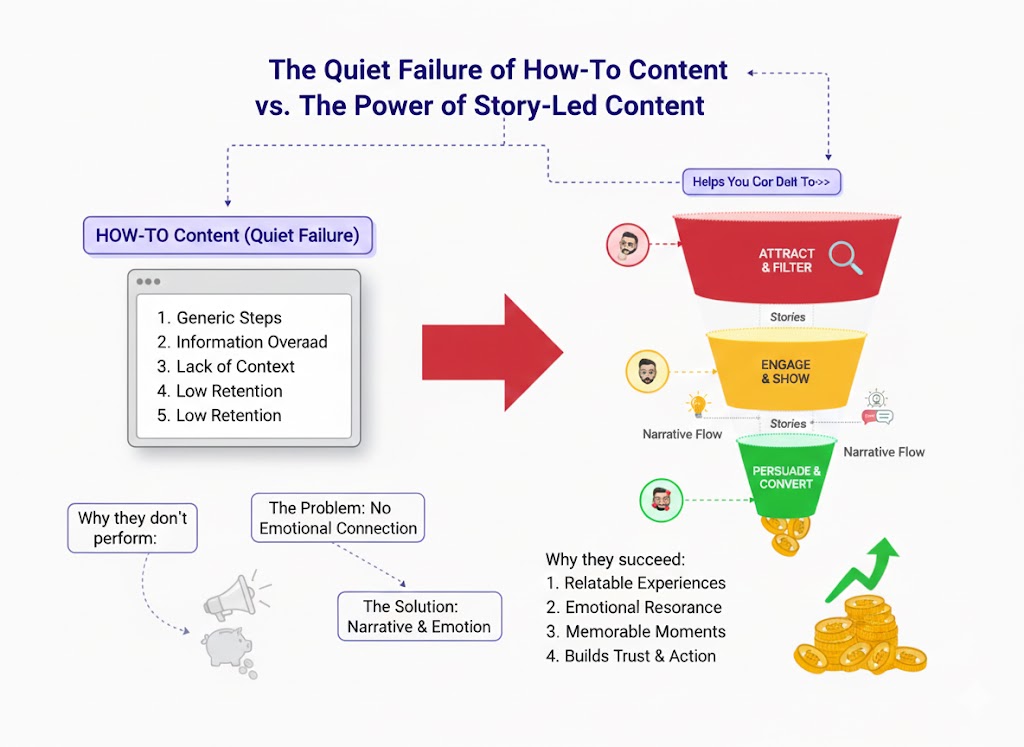 Diagram contrasting ineffective how-to content with story-led content that drives emotional connection and higher conversion.