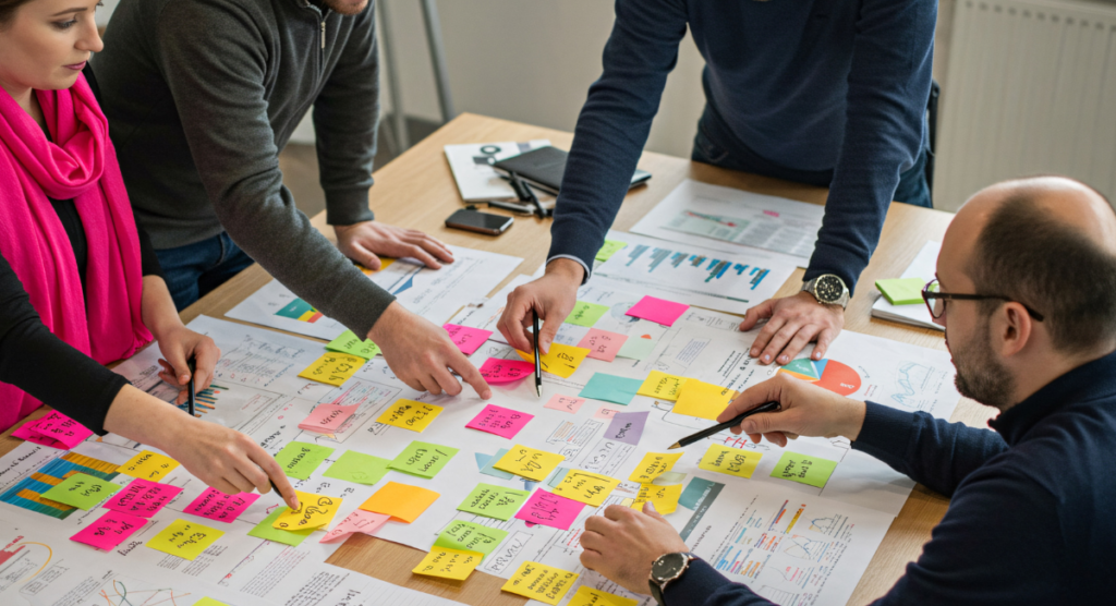 Team mapping ideas as clear product value begins guiding decisions, showing what happens when users can no longer ignore its impact.