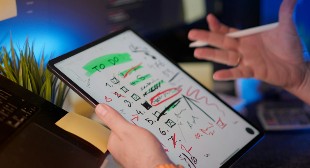 A cluttered digital to-do list on a tablet highlights confusion and missed priorities, symbolizing how unclear SaaS value gets lost without a strong product story.