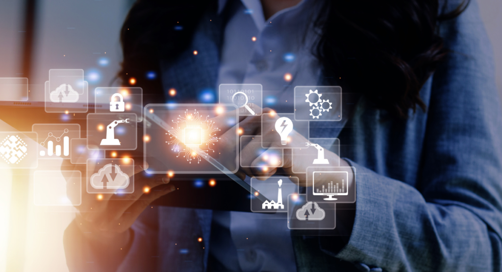 A founder uses a digital tablet surrounded by glowing tech icons, symbolizing how clarity of purpose and story must guide a SaaS product before scaling growth efforts.
