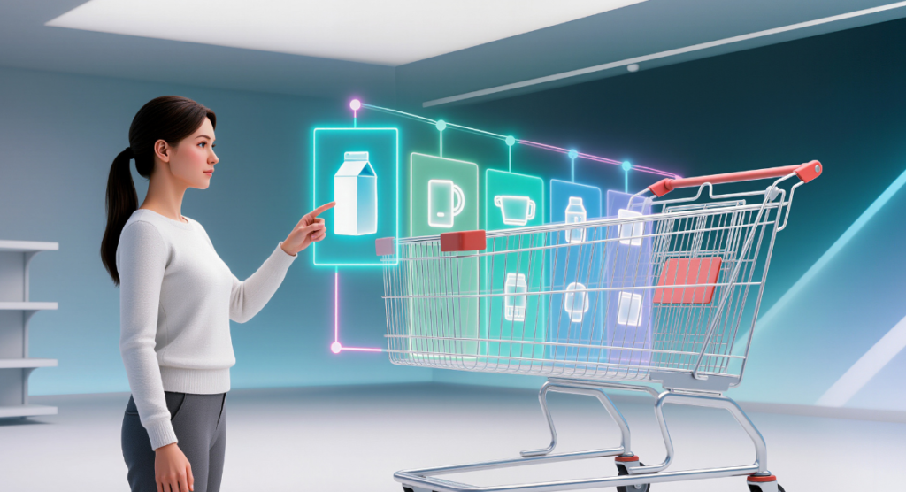 A shopper selects a digital product icon beside a smart cart, illustrating how users choose solutions with clear value stories—just like SaaS buyers need a founder’s narrative first.