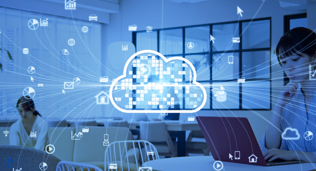 Digital cloud graphics overlay a workspace, symbolizing how SaaS products connect people and data—but require clear storytelling to make their value visible.