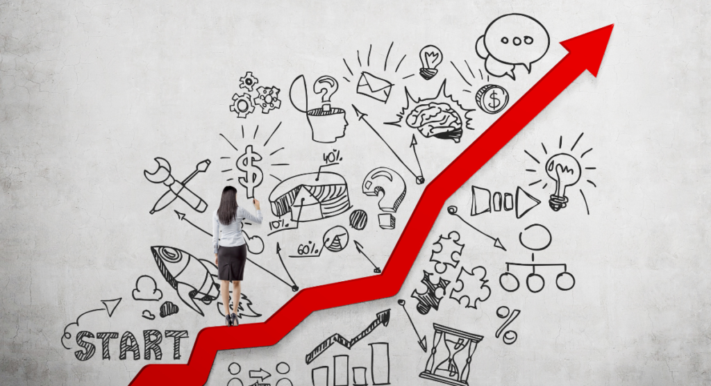 A founder stands on a rising red growth arrow studying hand-drawn business ideas, symbolizing how a clear founder story sets the direction for SaaS growth.