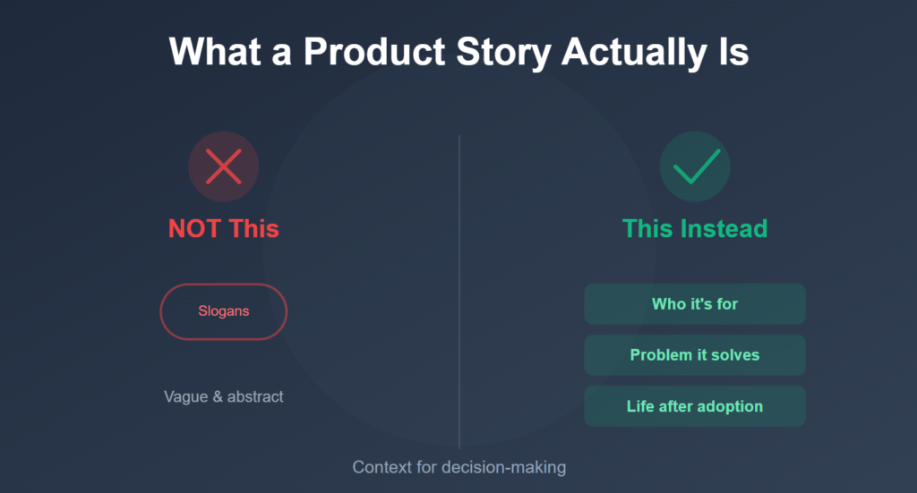 Comparison showing what a product story is not versus what it is, contrasting vague slogans with clear context for user decisions.