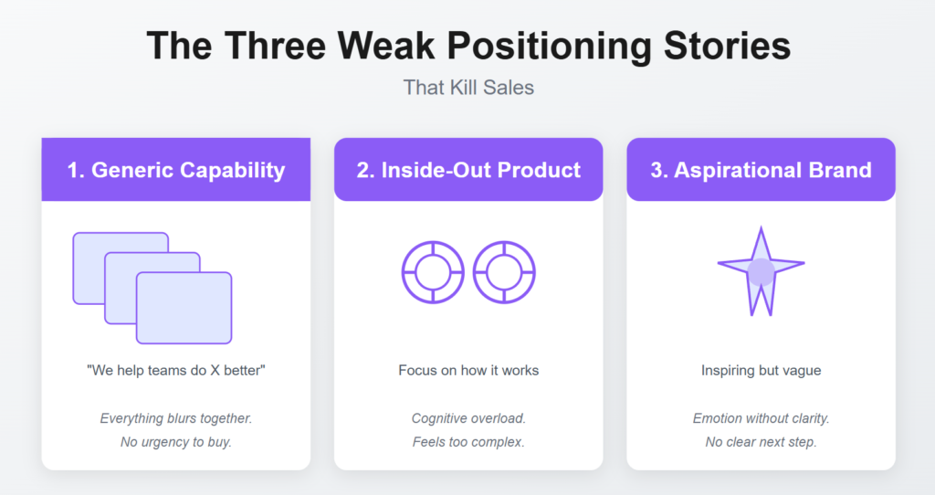 Three weak positioning stories that hurt sales: generic capability, inside-out product focus, and aspirational branding without clarity.
