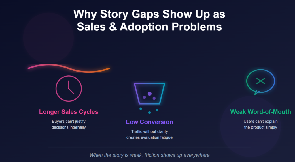 Story gaps lead to longer sales cycles, low conversion, and weak word-of-mouth when users can’t explain or justify the product.