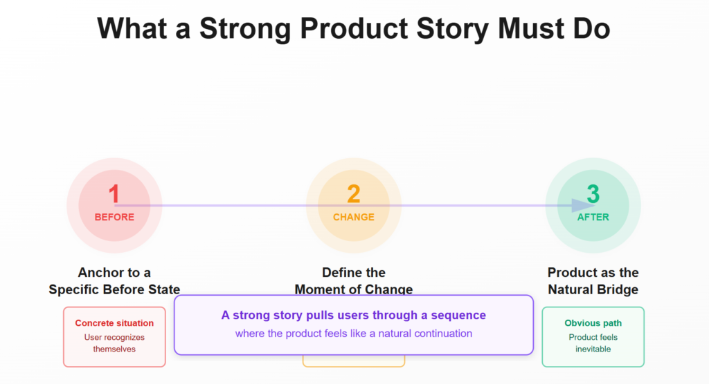 Diagram showing a strong product story moving users from a clear before state, through a moment of change, to an after state.