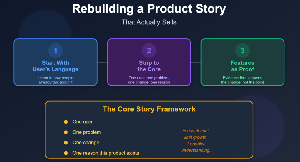 A product story that sells starts with user language, strips to one clear problem and change, and uses features as proof, not the pitch.