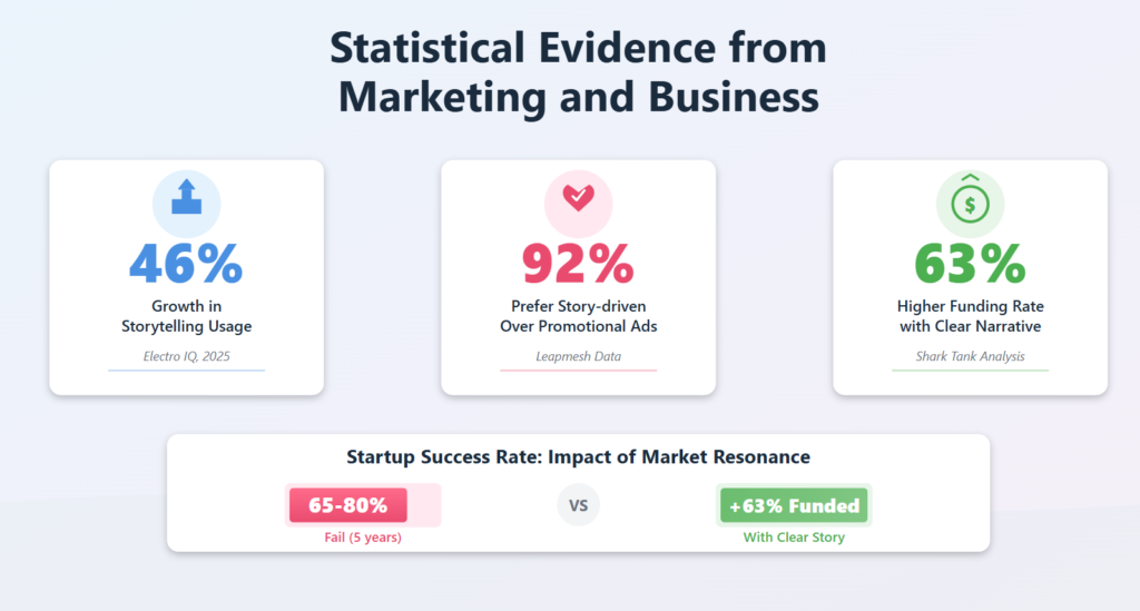 Statistics showing storytelling growth, preference for story-driven ads, and higher funding rates linked to clear narratives.