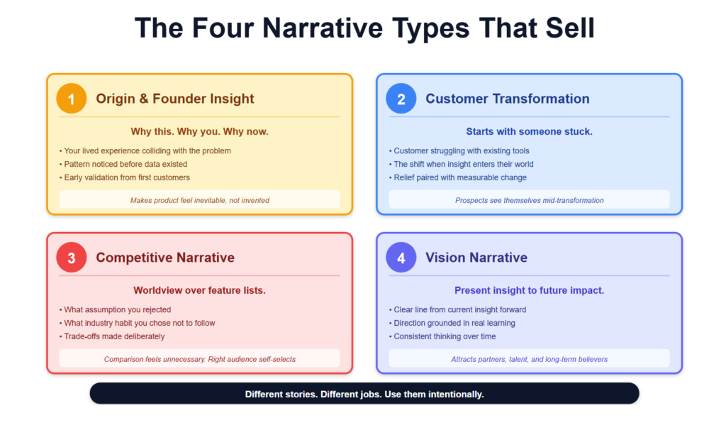 Four narrative types that sell: founder insight, customer transformation, competitive worldview, and vision-driven storytelling.