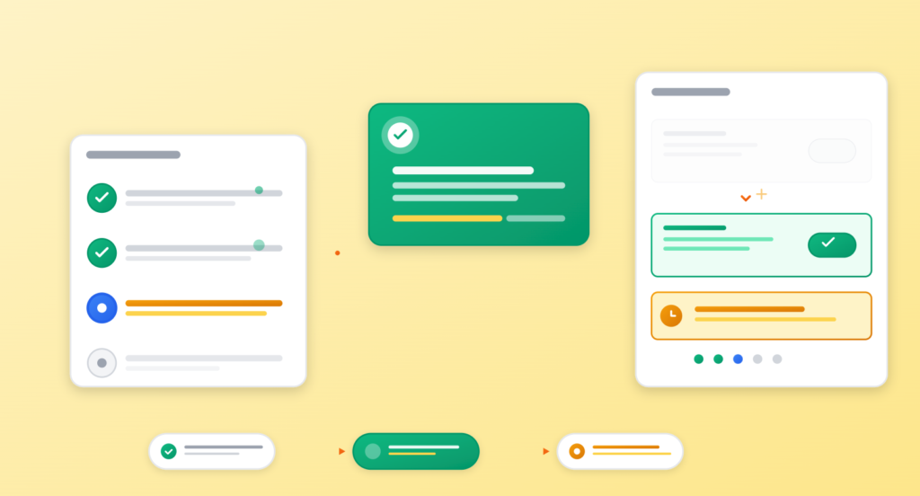 UI screens showing completed steps, confirmations, and progress states that guide users toward successful activation.
