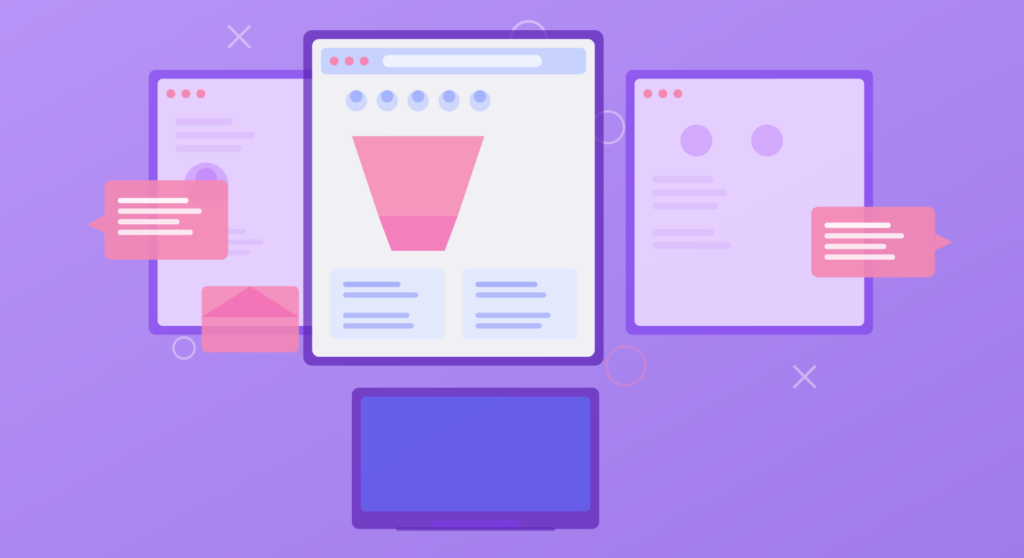 Conversion funnel surrounded by narrative messages, showing how storytelling can distract from product-led decision paths