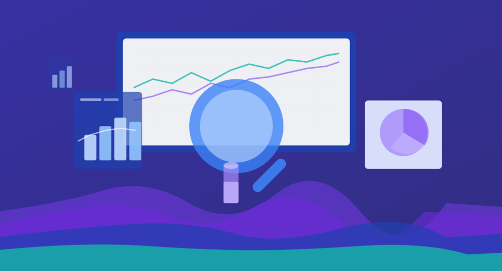 Analytics dashboard with charts and magnifying glass highlighting data-driven evaluation of conversion performance
