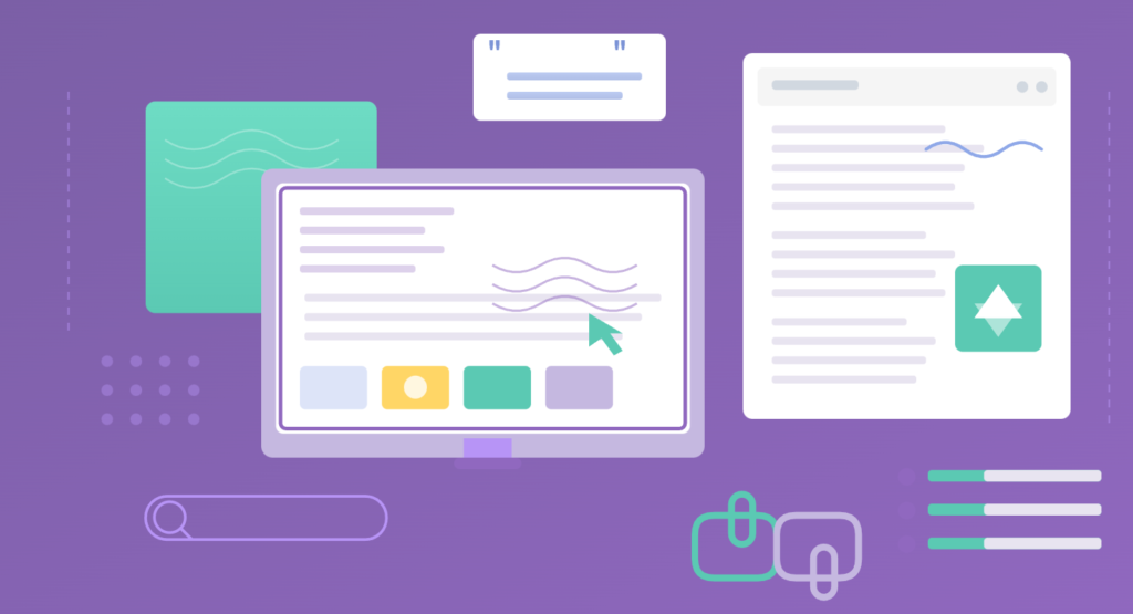 SaaS content screens with comparison blocks, highlights, and linked elements, showing content designed to guide user decisions